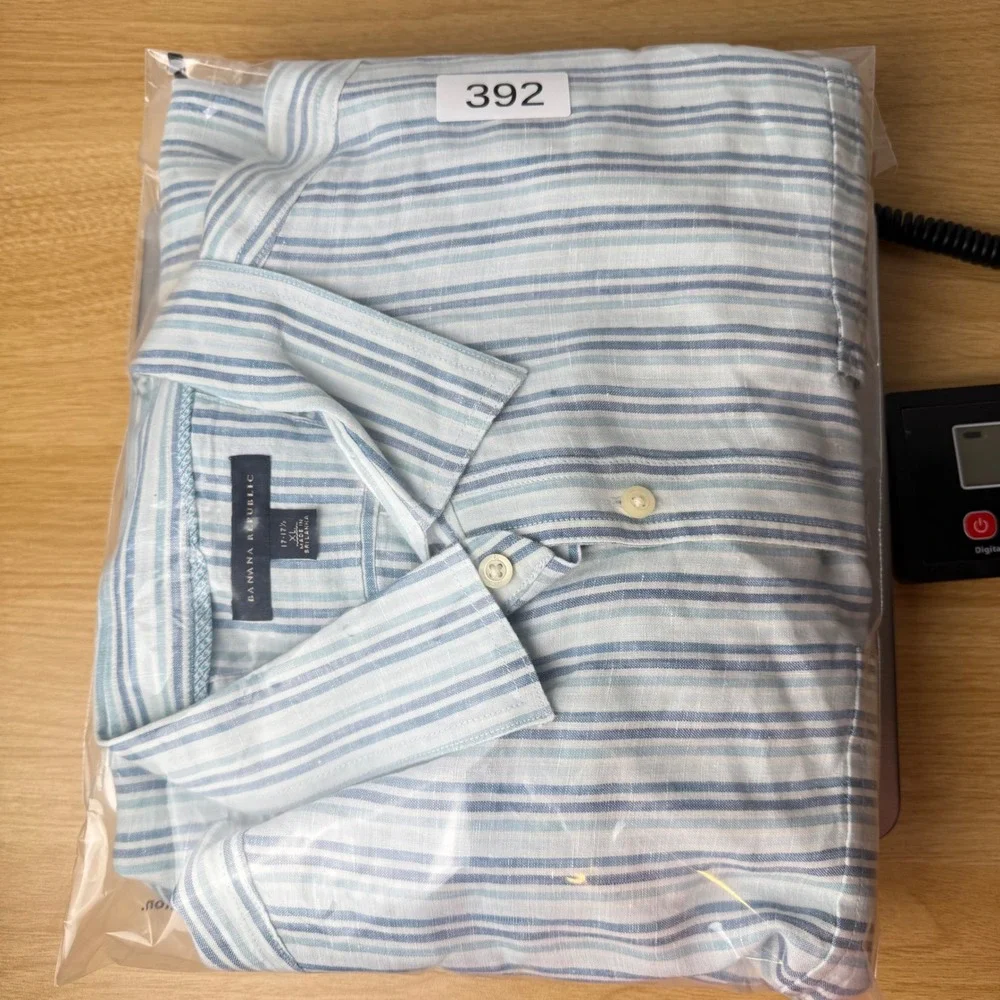 Banana Republic Mens Linen Button Down Shirt XL Blue Striped Coastal Nautical‎